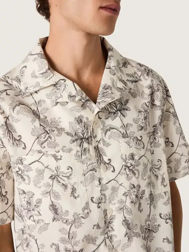Camicia da uomo a maniche corte in cotone con stampa floreale in bianco e nero