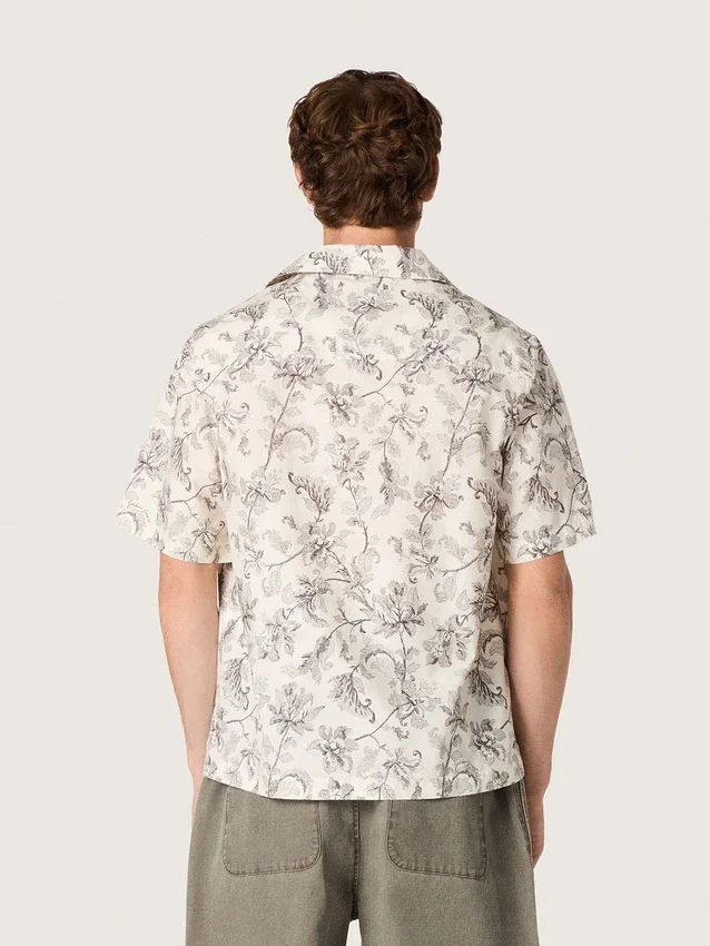 Camicia da uomo a maniche corte in cotone con stampa floreale in bianco e nero