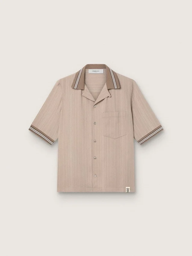 Camicia da uomo a maniche corte in lana grigia fresca con strisce sottili