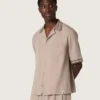 Camicia da uomo a maniche corte in lana grigia fresca con strisce sottili