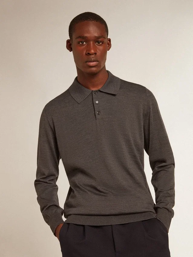 Camicia da uomo a maniche lunghe in lana merino grigia