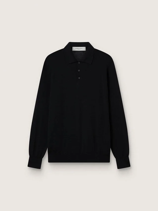 Camicia da uomo a maniche lunghe in lana merino nera