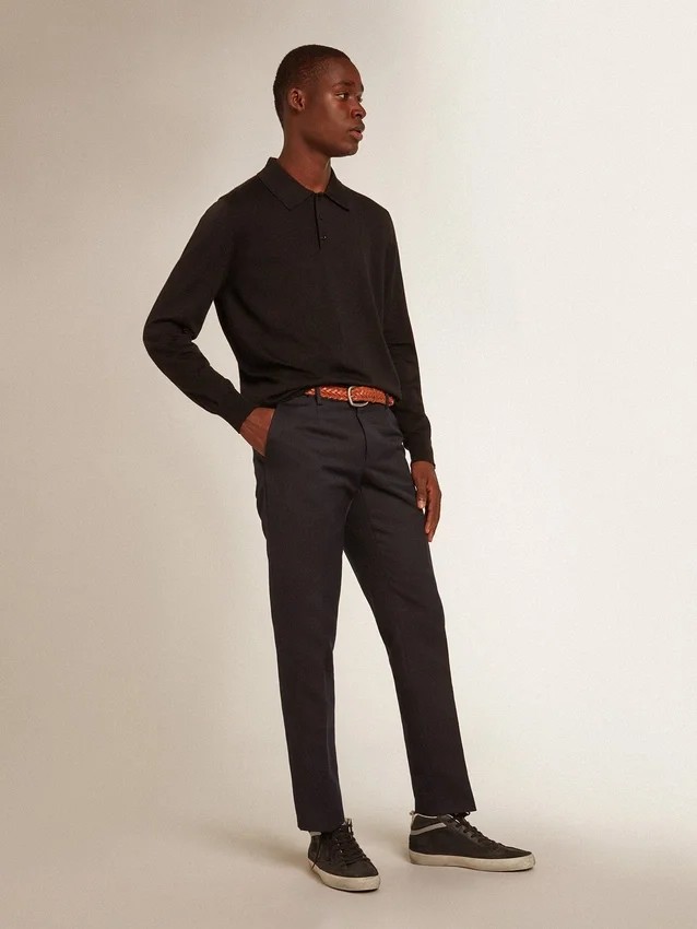 Camicia da uomo a maniche lunghe in lana merino nera