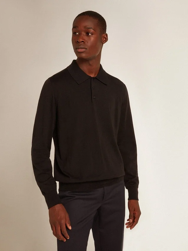 Camicia da uomo a maniche lunghe in lana merino nera