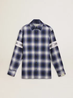 Camicia da uomo blu a quadri 3D con stampa sul retro