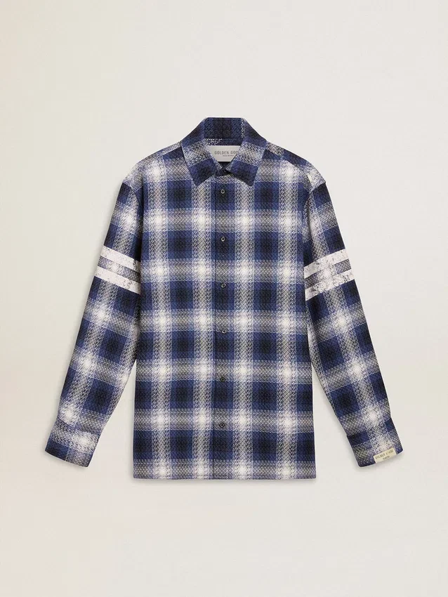 Camicia da uomo blu a quadri 3D con stampa sul retro