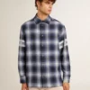 Camicia da uomo blu a quadri 3D con stampa sul retro