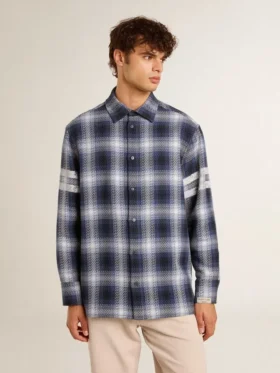 Camicia da uomo blu a quadri 3D con stampa sul retro