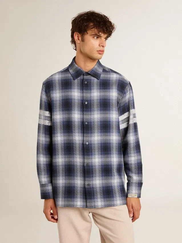 Camicia da uomo blu a quadri 3D con stampa sul retro