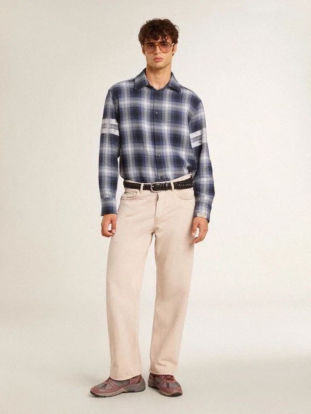 Camicia da uomo blu a quadri 3D con stampa sul retro