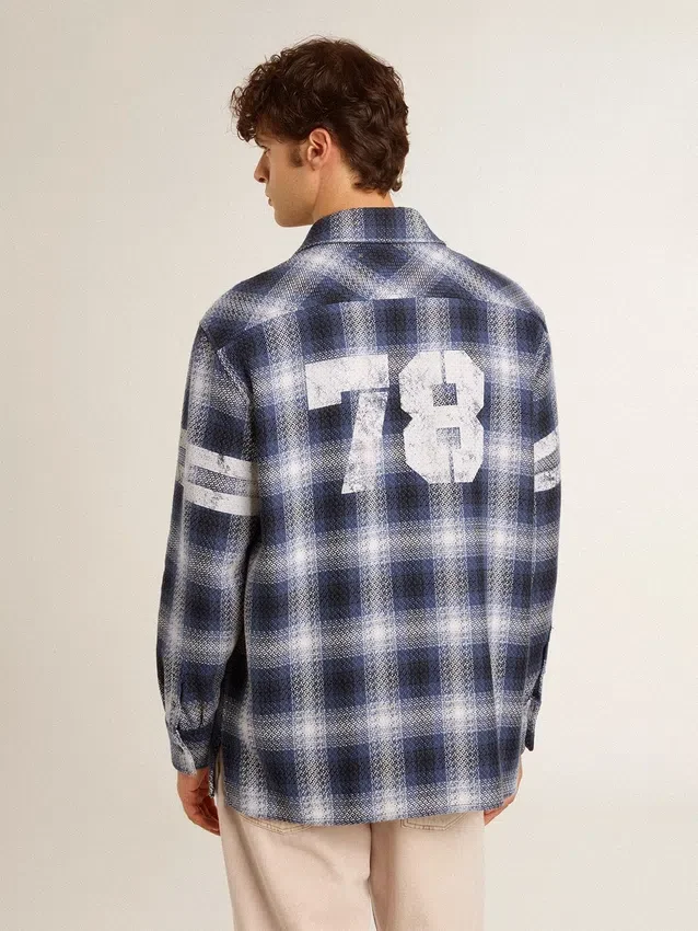 Camicia da uomo blu a quadri 3D con stampa sul retro