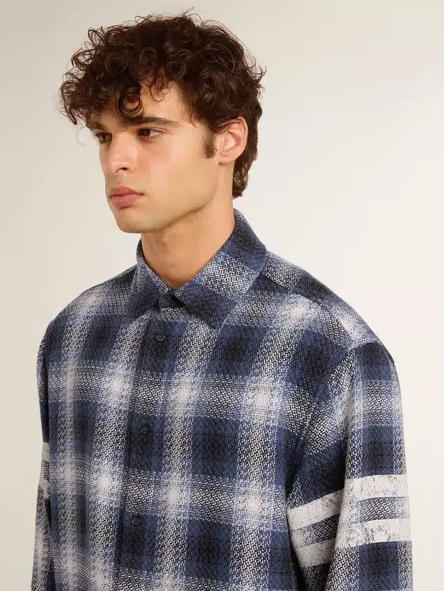 Camicia da uomo blu a quadri 3D con stampa sul retro