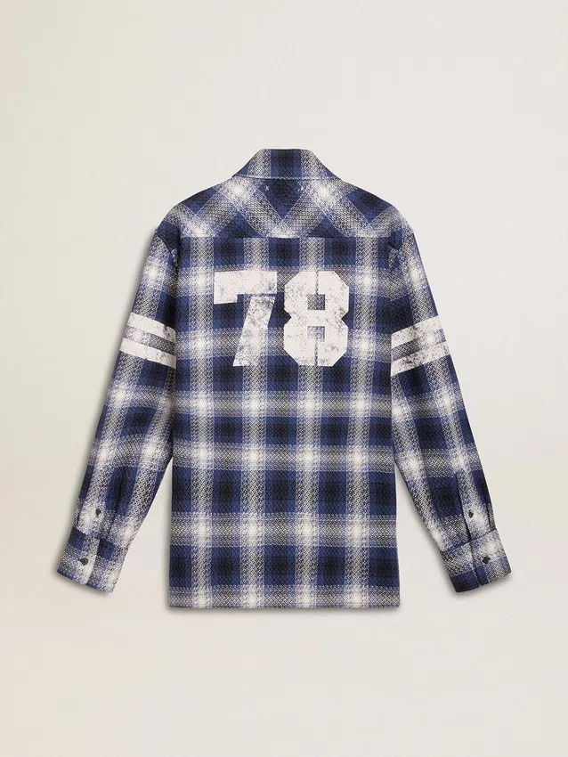 Camicia da uomo blu a quadri 3D con stampa sul retro