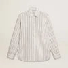 Camicia da uomo in cotone bianco con sottili righe bordeaux