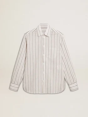 Camicia da uomo in cotone bianco con sottili righe bordeaux