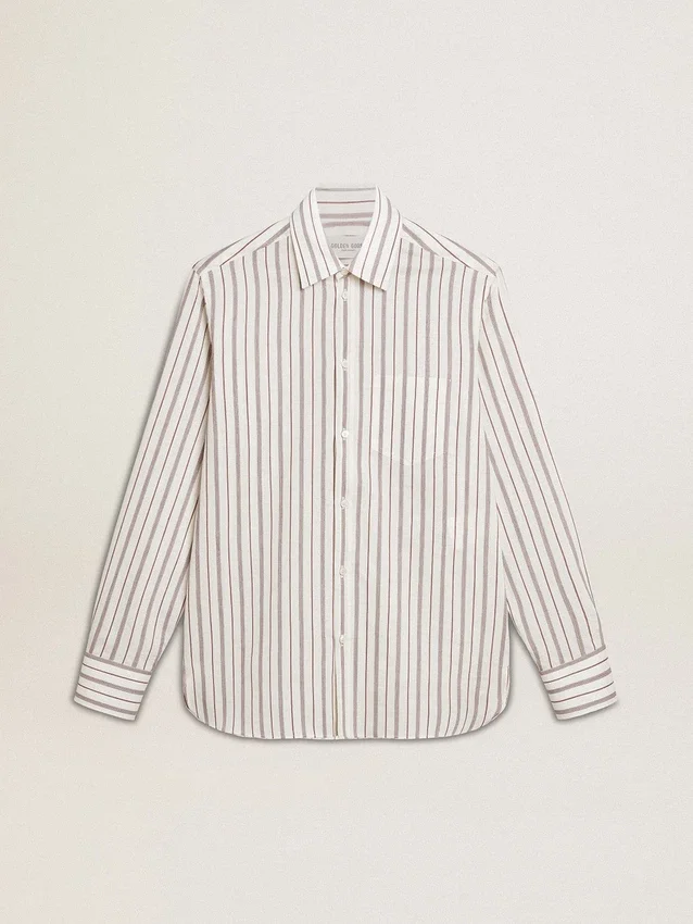 Camicia da uomo in cotone bianco con sottili righe bordeaux