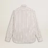 Camicia da uomo in cotone bianco con sottili righe bordeaux