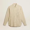 Camicia da uomo in cotone écru con sottili righe nere