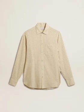Camicia da uomo in cotone écru con sottili righe nere