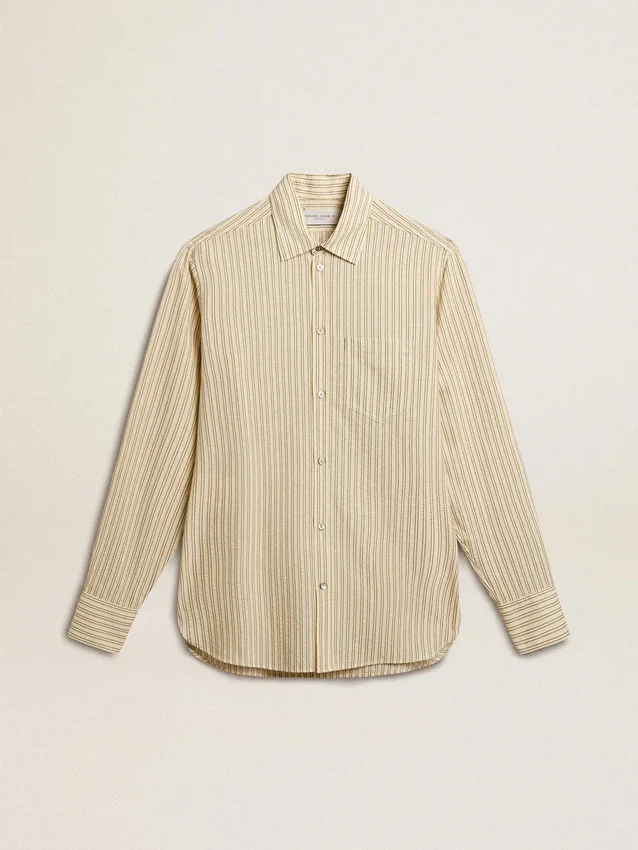 Camicia da uomo in cotone écru con sottili righe nere