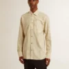 Camicia da uomo in cotone écru con sottili righe nere