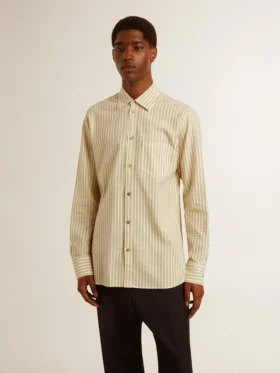 Camicia da uomo in cotone écru con sottili righe nere