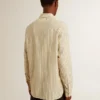 Camicia da uomo in cotone écru con sottili righe nere