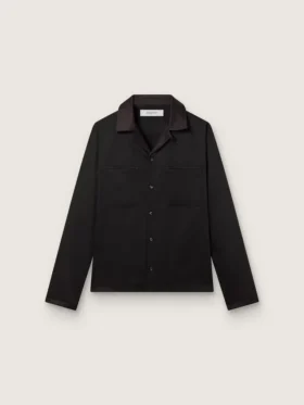 Camicia da uomo in twill di lana nero con dettagli in raso nero