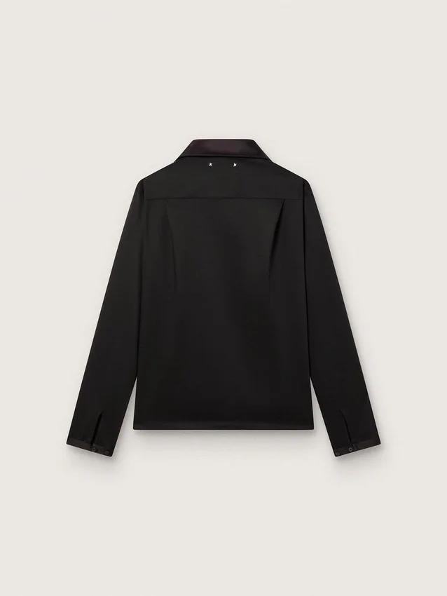 Camicia da uomo in twill di lana nero con dettagli in raso nero