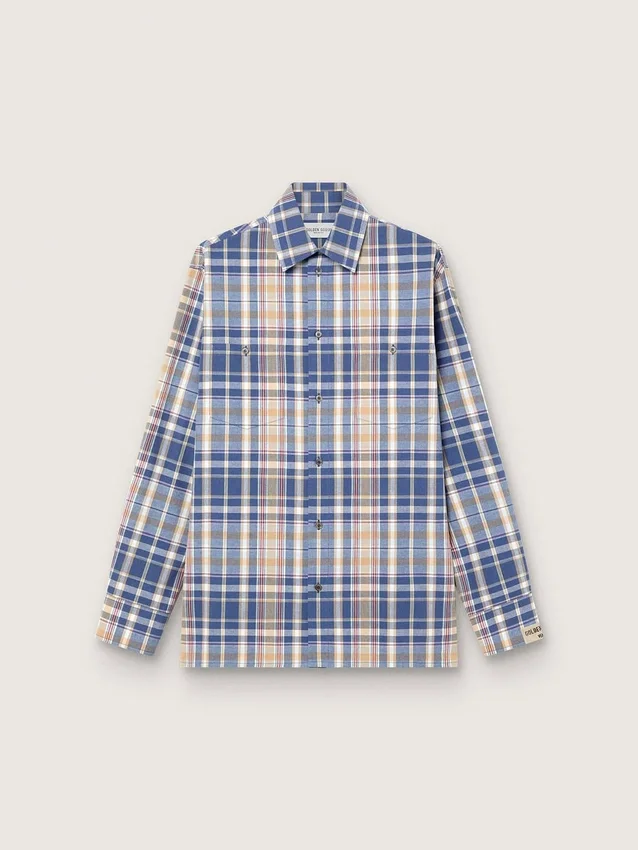 Camicia da uomo oversize in cotone a quadri indaco e beige