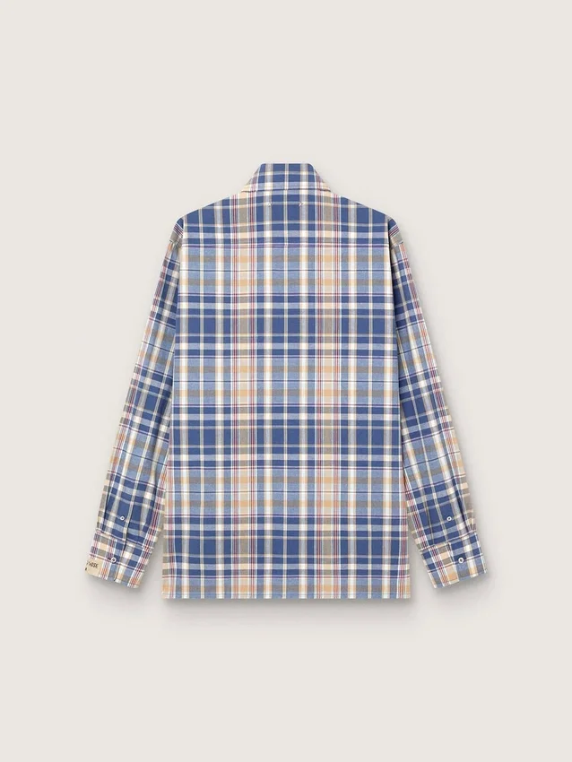 Camicia da uomo oversize in cotone a quadri indaco e beige