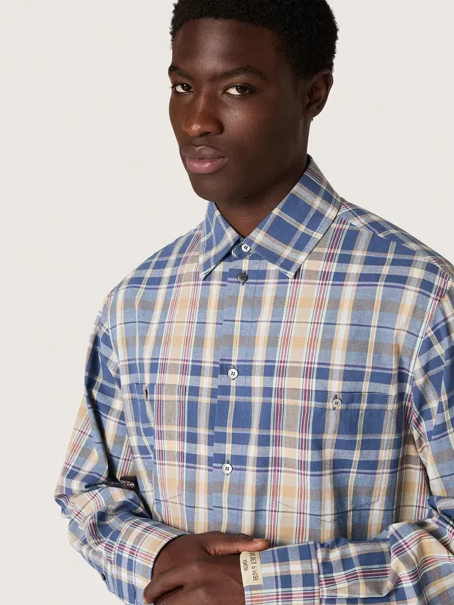 Camicia da uomo oversize in cotone a quadri indaco e beige
