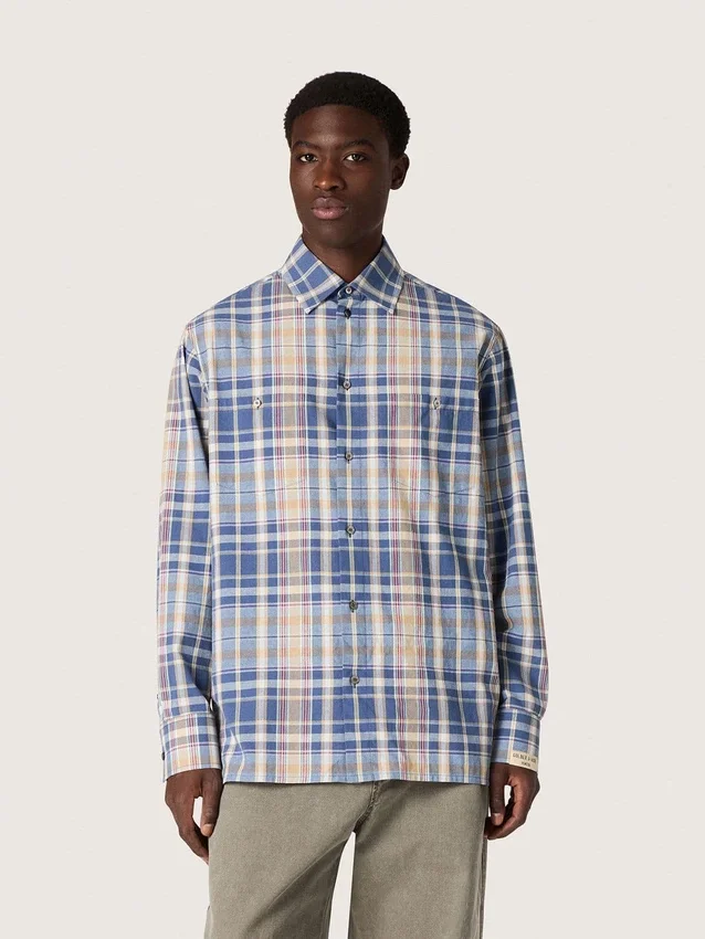 Camicia da uomo oversize in cotone a quadri indaco e beige