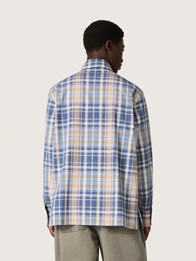 Camicia da uomo oversize in cotone a quadri indaco e beige
