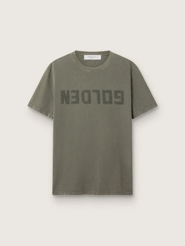 Camicia da uomo verde oliva con scritta dorata