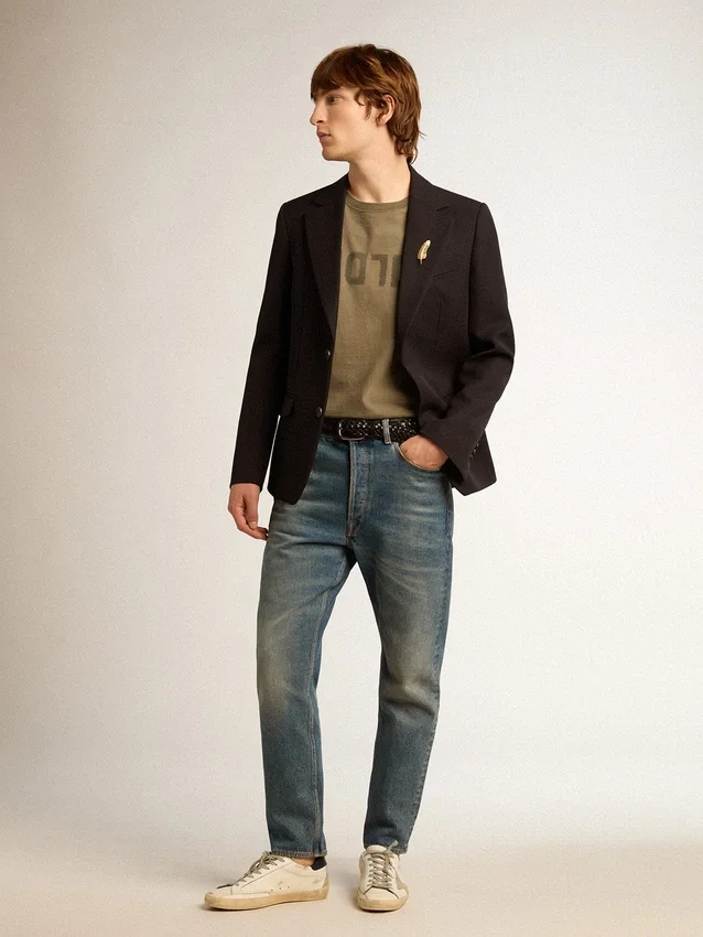 Camicia da uomo verde oliva con scritta dorata