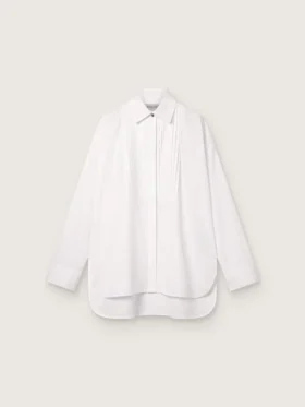 Camicia oversize da donna in cotone bianco con dettagli plissettati e bottoni gioiello