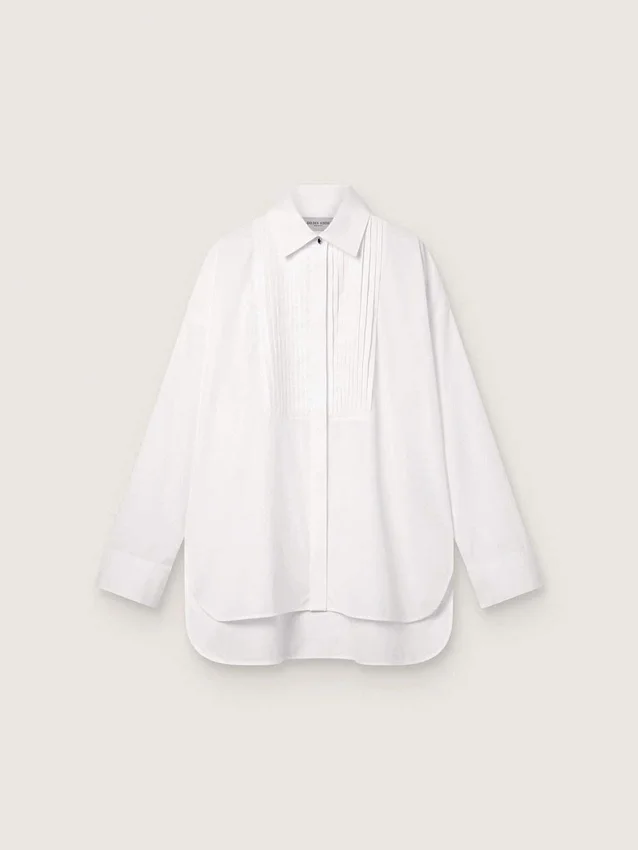 Camicia oversize da donna in cotone bianco con dettagli plissettati e bottoni gioiello