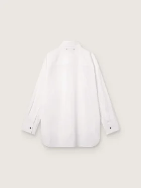 Camicia oversize da donna in cotone bianco con dettagli plissettati e bottoni gioiello