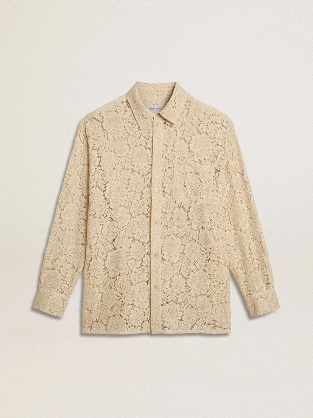 Camicia oversize in pizzo trasparente color crema