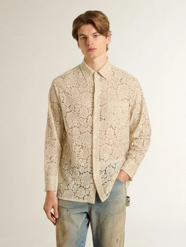 Camicia oversize in pizzo trasparente color crema