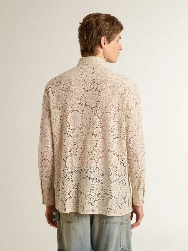 Camicia oversize in pizzo trasparente color crema