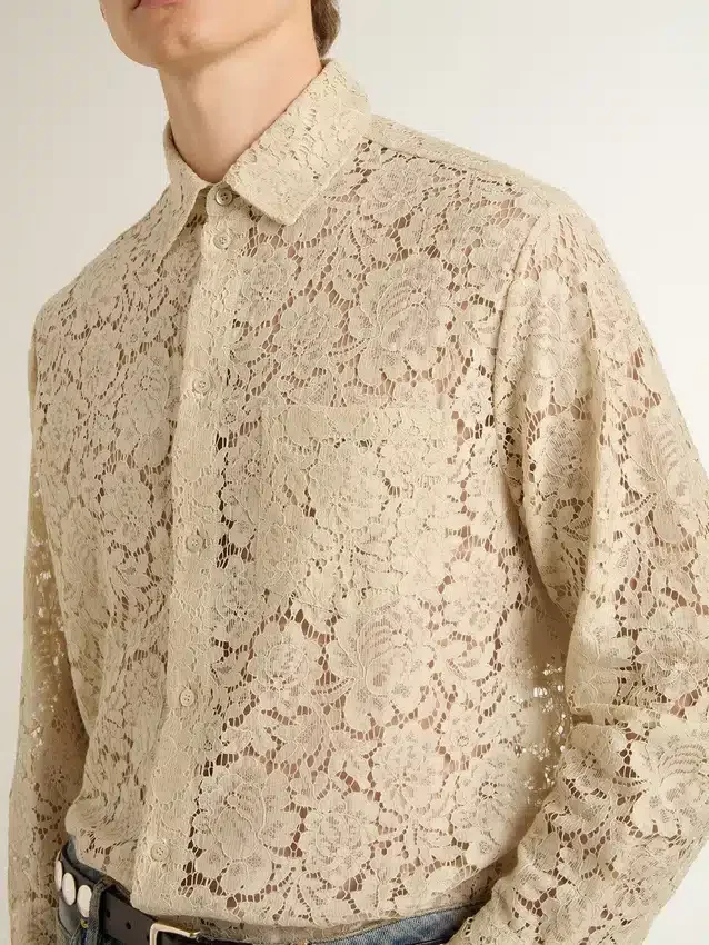 Camicia oversize in pizzo trasparente color crema