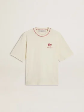 Camicia senza maniche CNY in stile "worn-white" con ricami rossi