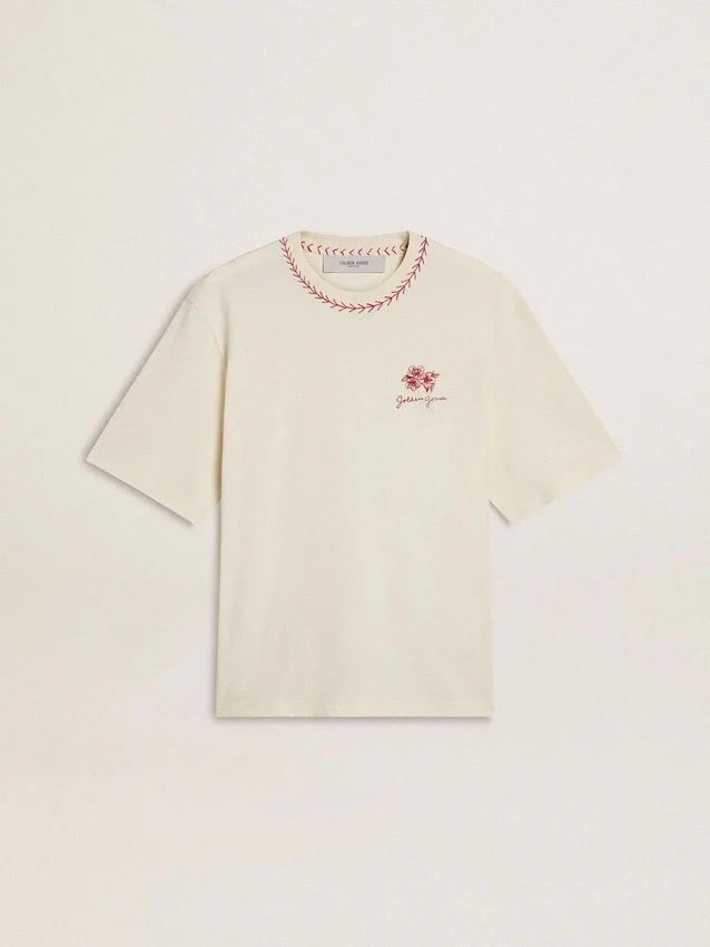 Camicia senza maniche CNY in stile "worn-white" con ricami rossi