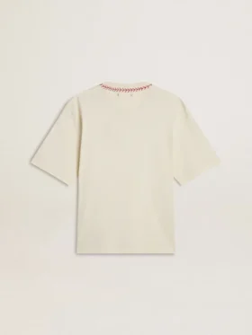 Camicia senza maniche CNY in stile “worn-white” con ricami rossi