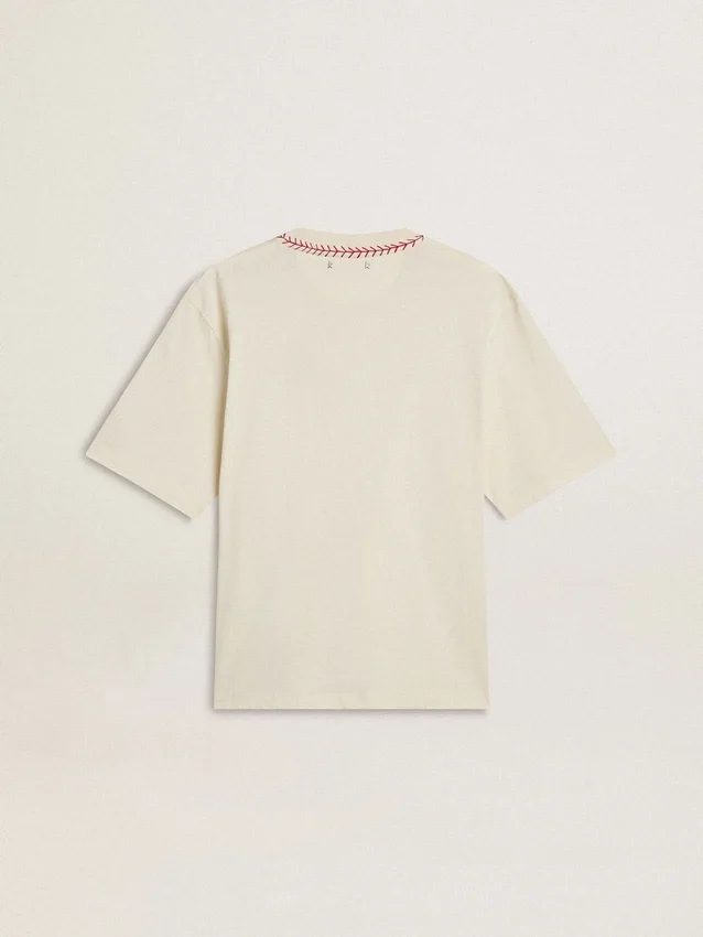 Camicia senza maniche CNY in stile "worn-white" con ricami rossi