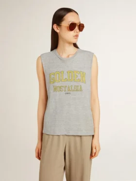 Camicia senza maniche da donna grigia con stampa gialla