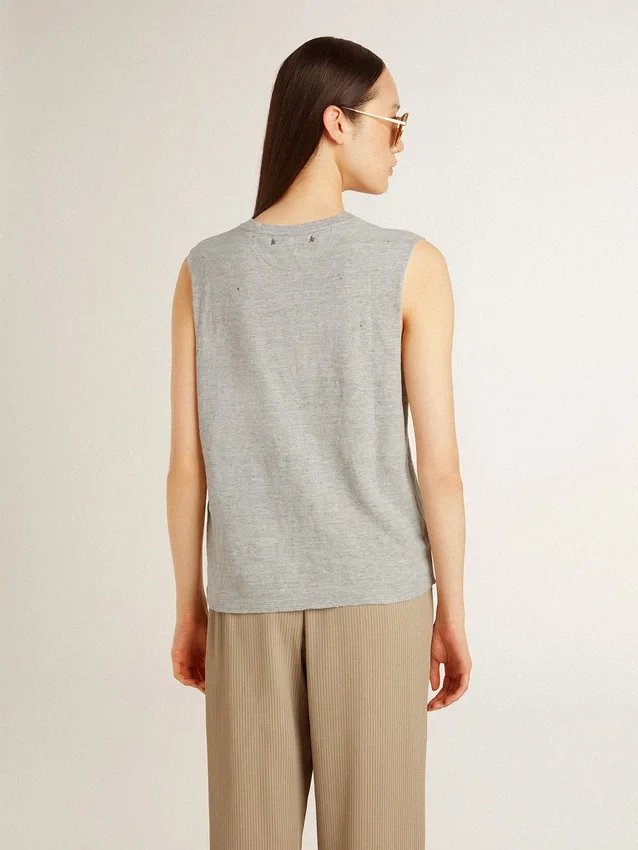 Camicia senza maniche da donna grigia con stampa gialla