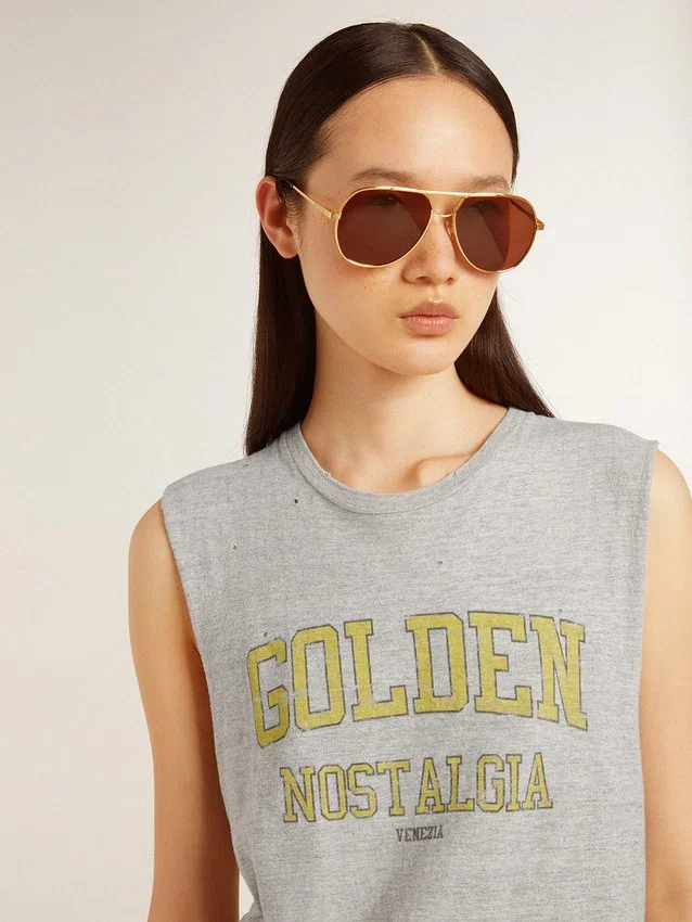 Camicia senza maniche da donna grigia con stampa gialla